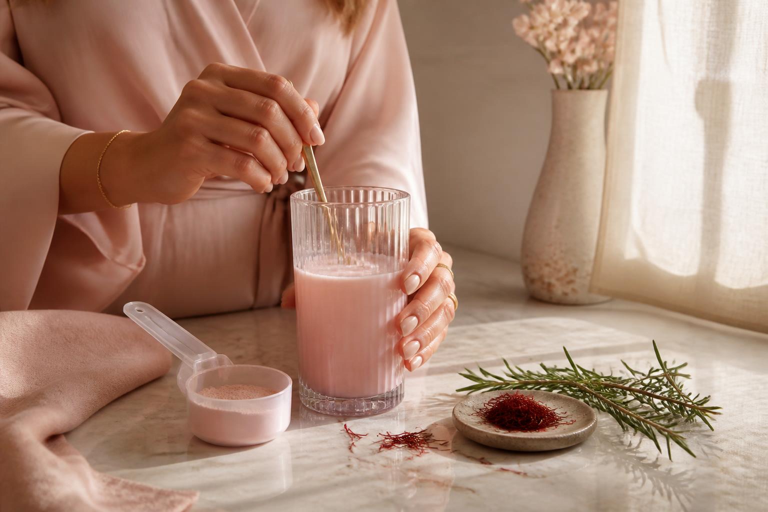 Woman stirring Novelle Super Balance pink drink mix in a glass on a marble countertop