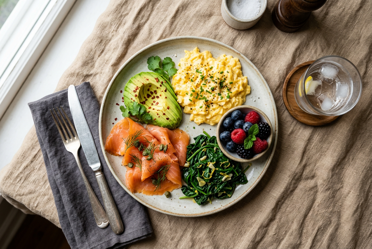 Protein-forward breakfast plate with eggs salmon avocado and berries
