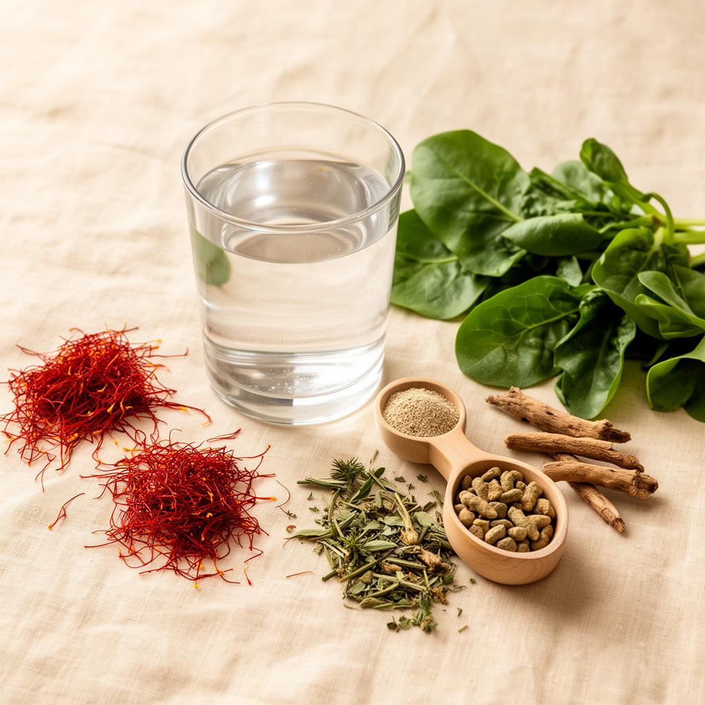 Saffron, adaptogenic herbs, magnesium and drink mix scoop on linen