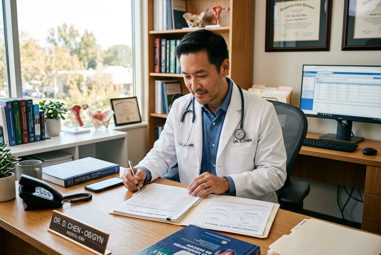 OB-GYN doctor reviewing hormone chart in office