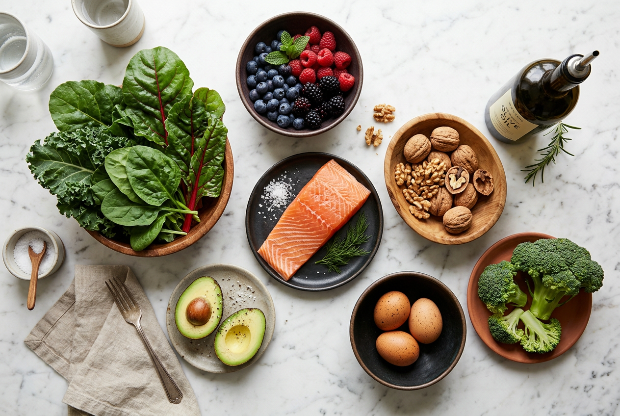Whole foods for hormone balance on a kitchen counter
