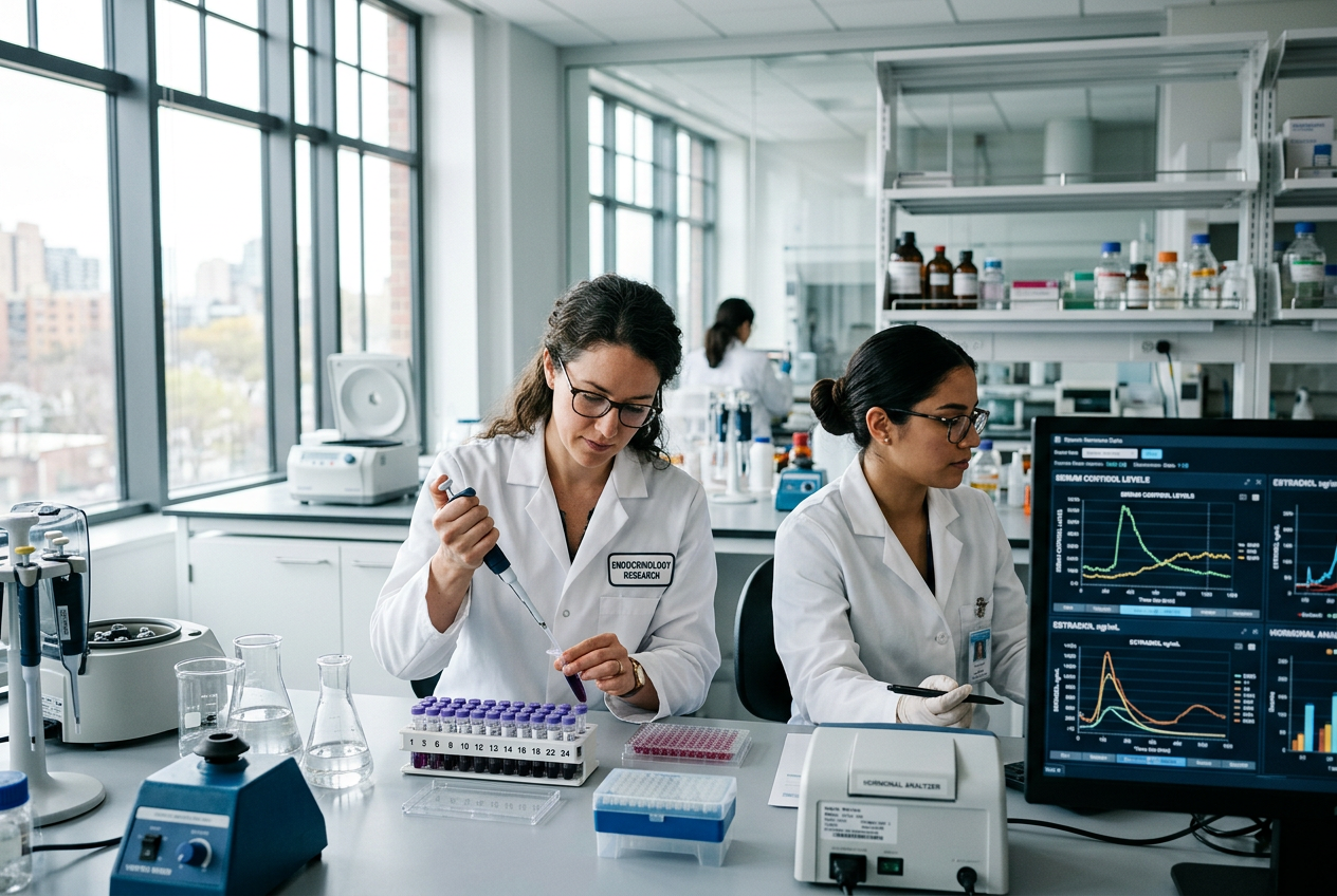 Hormonal research laboratory with doctors analyzing endocrine data