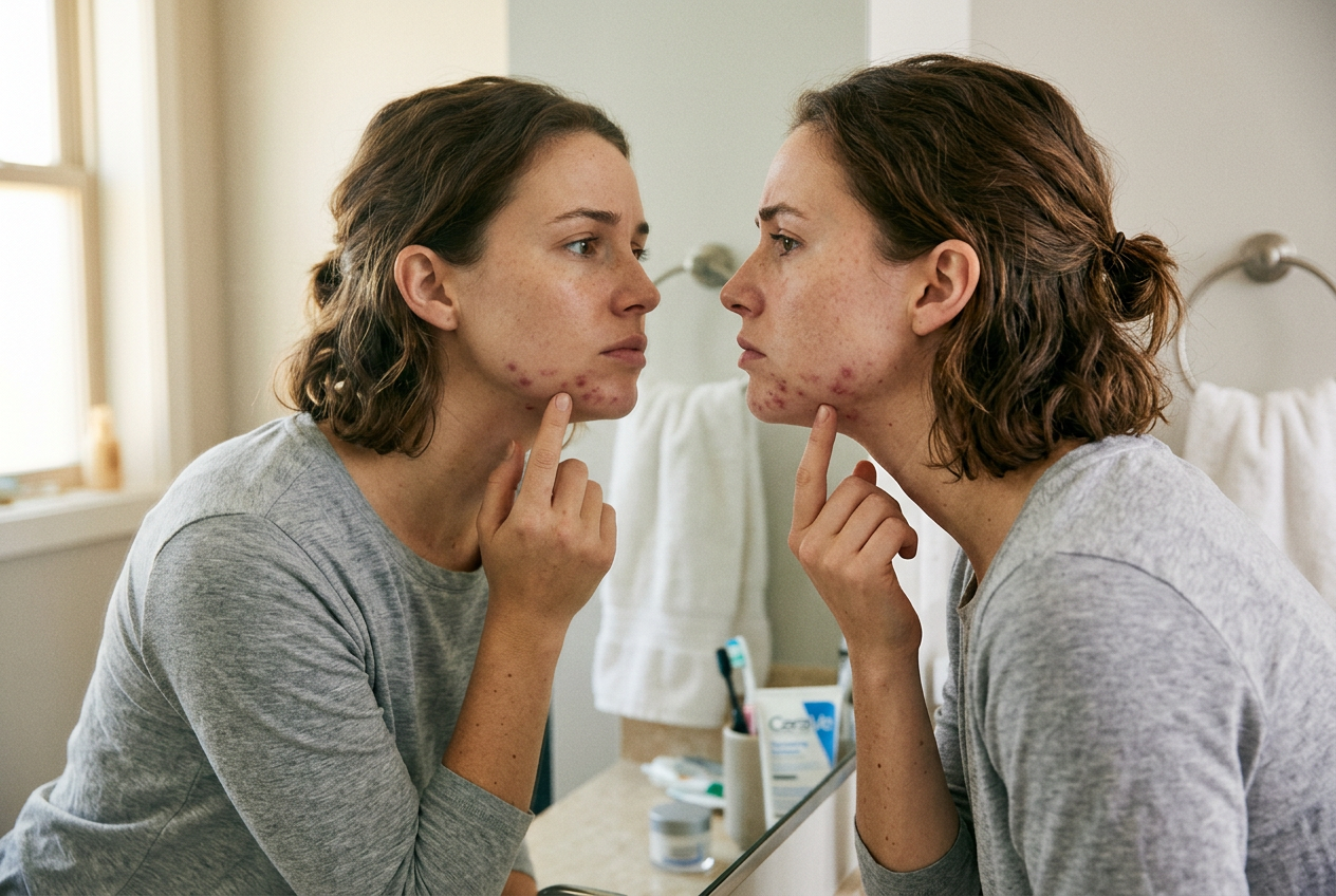 Woman examining hormonal acne in mirror