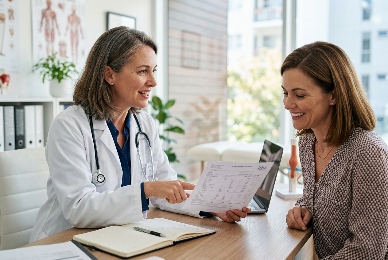 Doctor reviewing lab results with patient in clinic