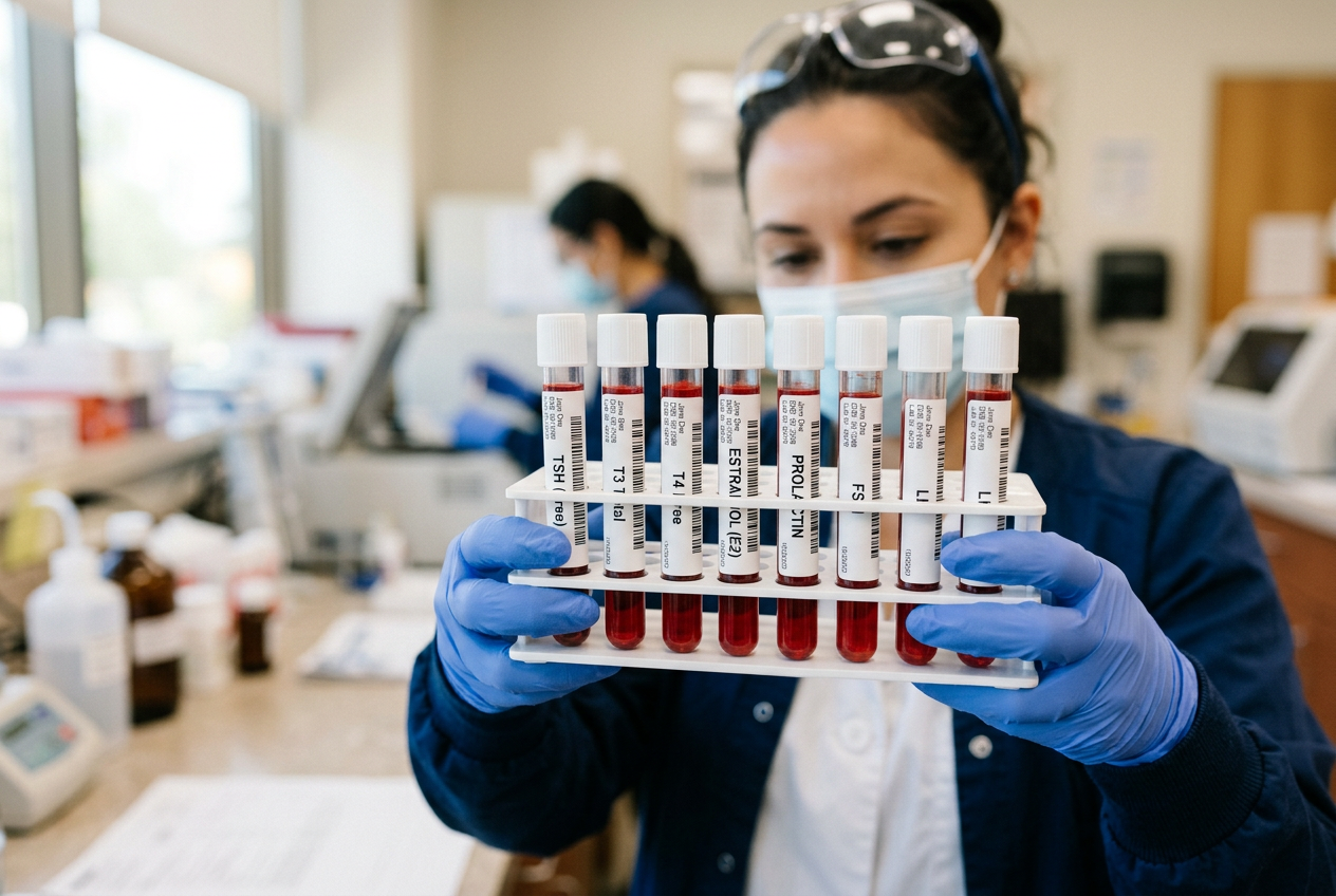 Laboratory technician holding hormone blood sample tubes